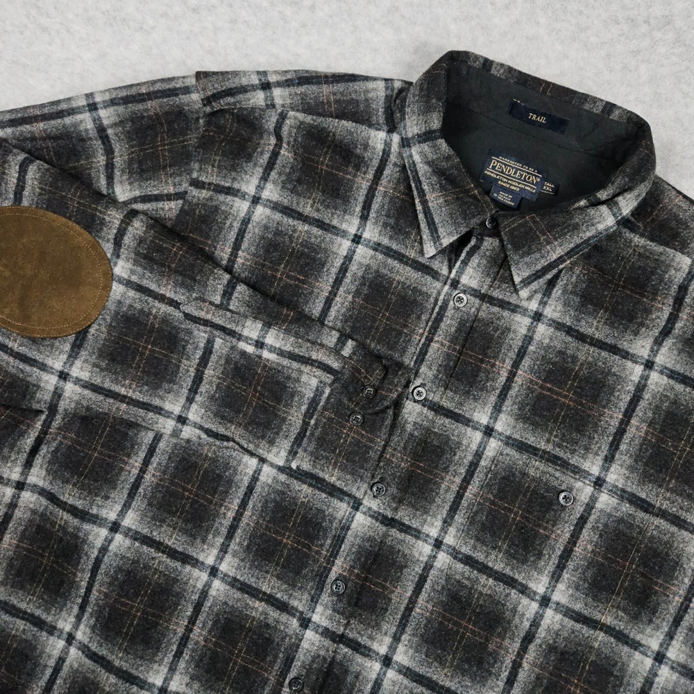 Pendleton (Men's XXL Tall) Gray Black Plaid Trail Shirt Wool Elbow Patch Flannel